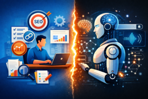 AI powered SEO compared with traditional SEO showing human analyst and AI technology working on search optimization strategies