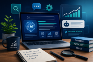 AI SEO workspace showing laptop with artificial intelligence search optimization dashboard, content authority, analytics, trust signals, and website growth metrics