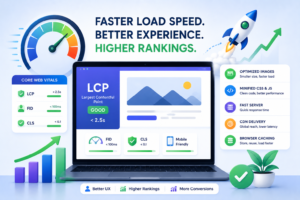 Illustration of Largest Contentful Paint optimization showing Core Web Vitals metrics, website speed improvements, caching, CDN delivery, and SEO performance growth