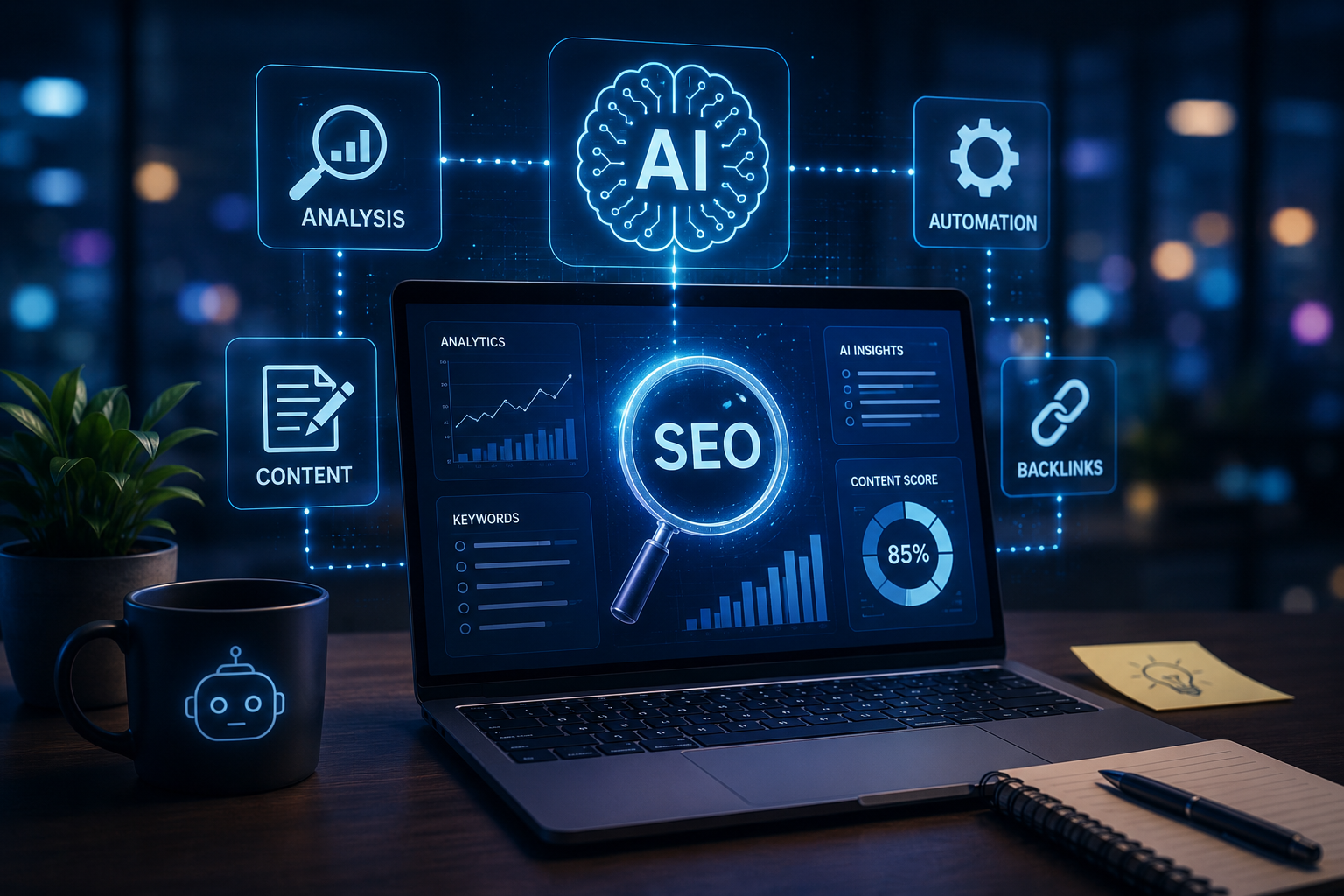 AI powered SEO dashboard showing keyword research analytics content optimization and search performance metrics
