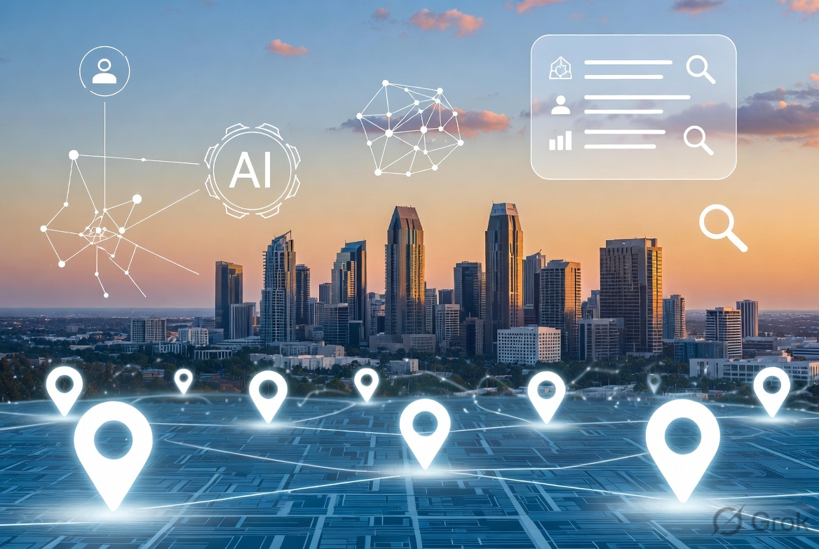 San Diego skyline with AI connections and location pins for local SEO
