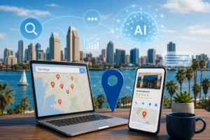 Laptop and smartphone displaying local business listings with AI and map icons against the San Diego skyline, representing AI-powered local SEO and digital marketing for businesses.
